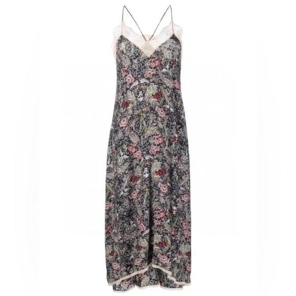 Zadig & Voltaire Rivali Lace Floral Slip Midi Dress Navy Blue Skulls Small NWOT - Picture 1 of 10